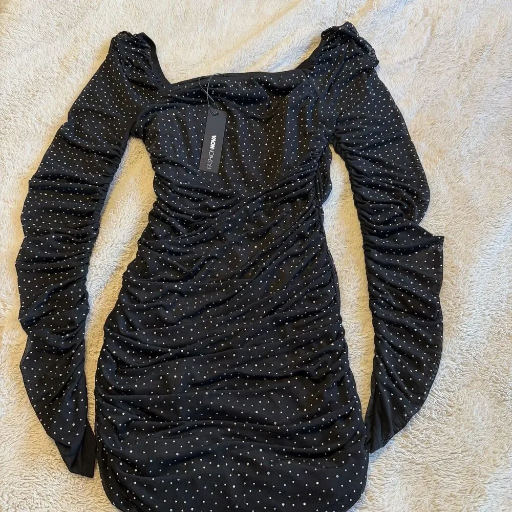 NWT Fashion Nova Tabby Mesh Rhinestone Mini Bodycon Dress Size L Stretch - Picture 5 of 7